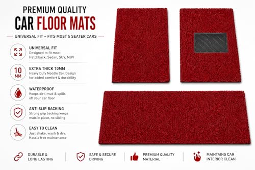 Image of PVC Cushion Car Mats - Universal 3 Piece Anti-Skid Noodle Car Foot Mats, Durable Vinyl Rubber Floor Mat, Dust & Liquid Trapping, Trapping Built for Comfort- (Red Black)