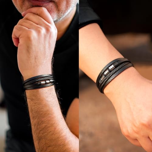 Pulsera de cuero para hombre multi capas negra miniatura 3