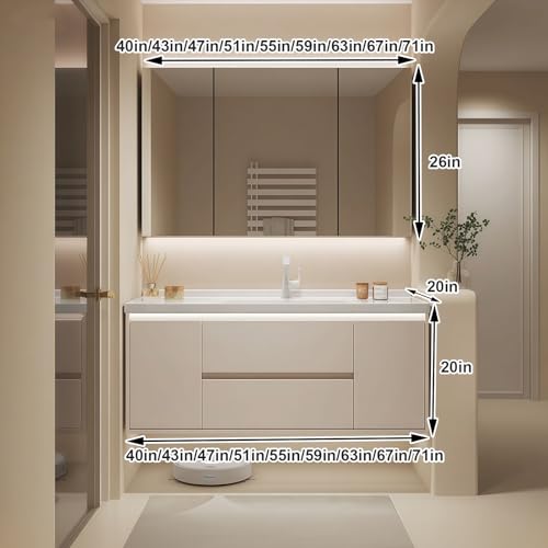 Modern Wall Mounted Floating Bathroom Vanity with Integrated Ceramic Sink, No Assembly Required, Hanging LED Intelligent Lighted Sensor and Demisting Mirror, Cabinet Spaces