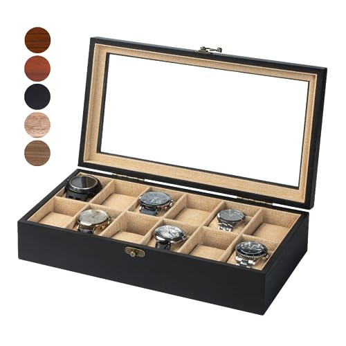 Image of Watch Box, Watch Case for Men Women with Large Glass Lid, Wooden Watch Display Storage Box with 12 - Slots, Charcoal Black Mens Watch Box Organizer