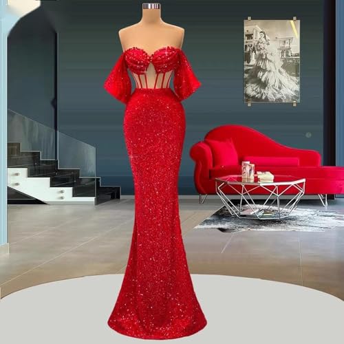 Off Shoulder Red Mermaid Evening Dress Sequined Party Prom Dress Pageant Celebrity Gowns3