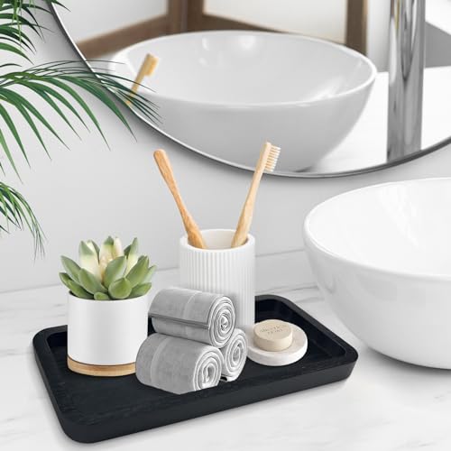 Image of Bamboo Vanity Bathroom Tray for Counter, Bamboo Tray for Bathroom, Toilet Tank, Perfume 11.8L x 5.9W x 0.8H inch (Black)