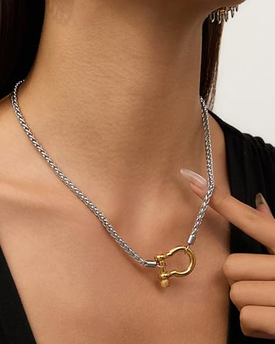 Two Tone Necklace for Women Stainless Steel Silver Wheat Chain Necklace Gold Screw Shackle Nautical Sailor Clasp Neck Choker Trendy Prom Party Jewelry Accessories Gifts4