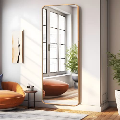 Image of NeuType 65 inchx22 inch Full Length Floor Mirror with Stand - Large Bedroom Wall-Mounted or Leaning Mirror - Aluminum Alloy Frame, Golden, Round Corner