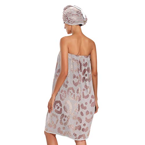 Nander Elegant Rose Gold Leopard Pattern Women 3Pcs Bath Towel Wrap & Dry Hair Cap Adjustable Closure Shower Robes,Soft Absorbent Quick Drying For Spa,Beach,Shower #TOP1