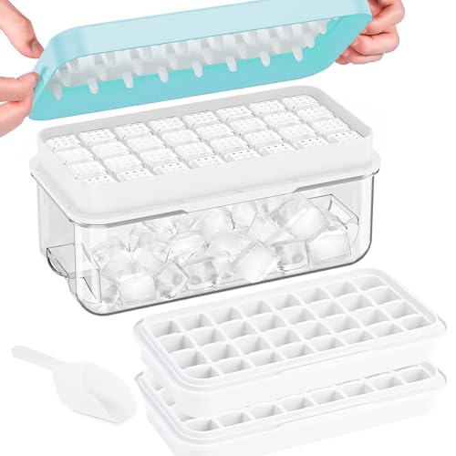 Cubitera de hielo con tapa,Molde para cubitos de hielo de 64 rejillas- Sin BPA,bandejas de hielo cuadrados fáciles de quitar en un segundo (azul, 2 niveles)