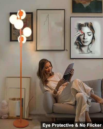 Image of 64IN Dimmable Orange Floor Lamp, Tall Standing Lamps with 5 Globe Soft Warm White Eye Care 3000K G9 Bulbs, Mid Century Modern Floor Lamp with 5Lbs Heavy Base for Living Room Bedroom Office