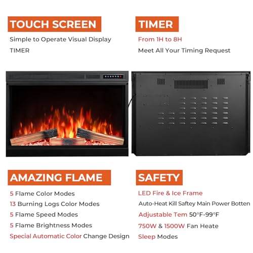 Image of R.W.FLAME 39 inch Electric Fireplace Insert, Adjustable 5 Flame Colors, Fireplace Heater 750W /1500W, 13 Log Colors, Remote Control, Timer (39 inchX27 inch)