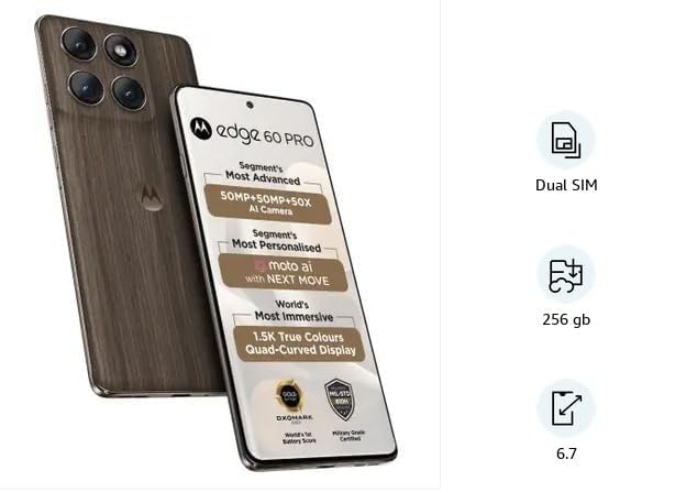 Image of Motorola Edge 60 Pro 5G (Pantone Walnut, 8GB RAM, 256GB Storage) | MediaTek Dimensity 8350 Processor | 50MP + 50MP + 10MP Triple Camera | 6.7-inch 1.5K Super HD+ Display | 6000mAh Battery