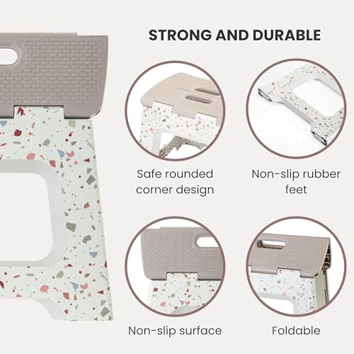 Image of Vigar Compact Folding Step Stool, 10-1 /2 Inch, Terrazzo Body | For Adults, Lightweight Portable Stool with Handle, Non Slip, Space Saving, up to 330 lb