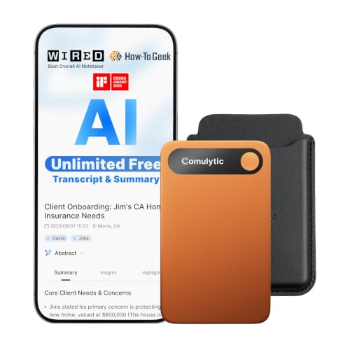 Comulytic Note Pro AI Voice Recorder, Free Unlimited Transcribe & Summarize | Tap Recording Device with AI Note Taking, Support 113 Languages, 64GB, Audio Recorder for Calls, Meetings, Lectures, Orange