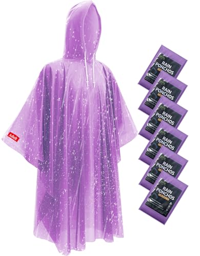 Disposable Rain Ponchos - Extra Long Waterproof Emergency Poncho with Hood for Adults Bulk Family 6 Pack Raincoat for Park Concerts Hiking Camping Essentials Home Emergency Survival Kits Purple