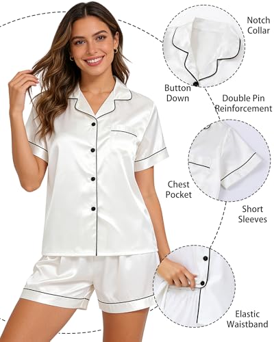 Image of 3 Piece Silk Satin Pajama Set for Women Soft Short Sleeve Button Down Pjs with Shorts Long Pants Sleepwear S-XXXL
