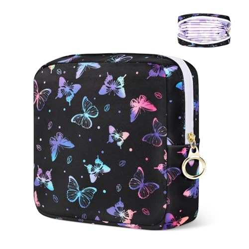 Image of Likesing Period Bag Pouch, Canvas Sanitary Napkin Storage Bag for Girls Womens, Portable Sanitary Napkin Period Pad Pouch Bag for Purse, Small Make Up Bags(Black Butterfly)