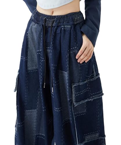 Patchwork Cargo Pants for Women Wide Leg High Waisted Elastic Waist Unisex Y2k Plaid Checkered Pants3