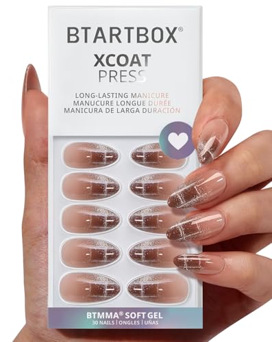 BTArtbox Press On Nails Medium - Plaid Memory, Cat Eye Almond Press On Nails with Glue and Adhesive Tabs for Women, Soft Gel Glue On Nails in 15 Sizes - 30 Stick On Nails Kit