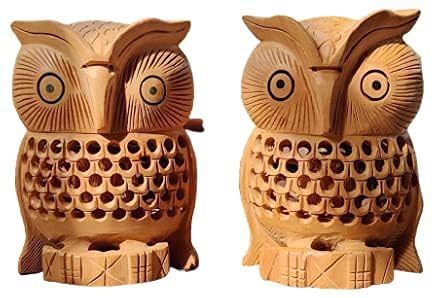 Woode 4 INCH owl Set of 2 II Ullu is Made with Finished Netted Design Decorative Showpiece - 10 cm (Wood, Brown)