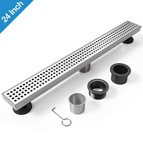 WEBANG 24 Inch Linear Shower Drain with Quadrato Pattern Grate, Advanced Polishing Bottom