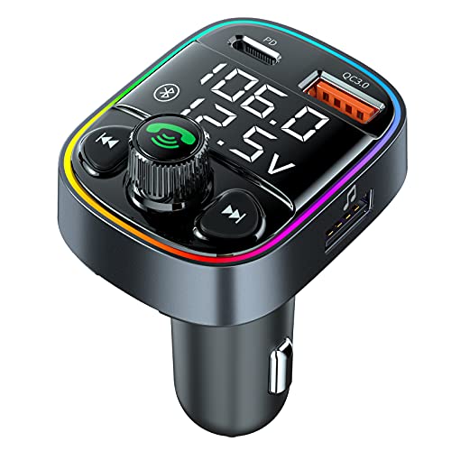 Handsfree Call Bluetooth Adapter for Car,FM Transmitter with QC3.0+PD Port Charger,7 Color LED Atmosphere Light Mp3 Audio Music Stereo Adapter Support TF Card & USB Disk