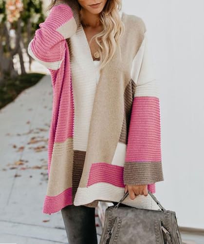 Image of chouyatou Women's Fall Geometric Color Block Open Front Cardigan Sweater Elegant Casual Oversized Coatigan Coat