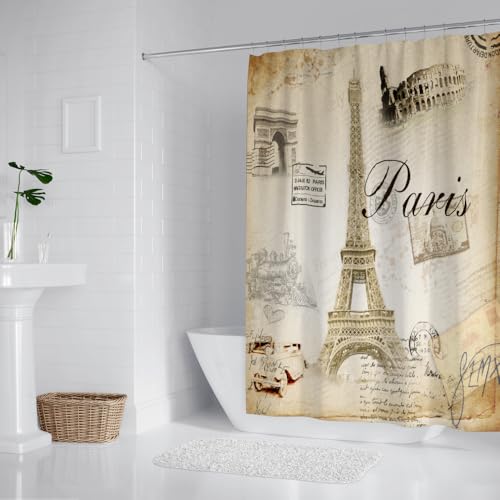 Careyoungs Eiffel Tower Shower Curtain Set Paris Tower Bathroom Curtain Romantic Decor Fabric Bath Curtain Set with Hooks 71X71 Inches (Brown) by Careyoungs - Image 2