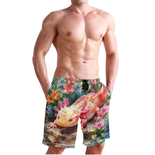 Men's Swim Trunks Quick Dry Swimming Shorts with Pocket Colorful Axolotl in Floral Garden Swimsuit Trunks3