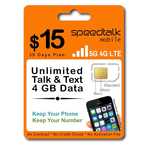 SpeedTalk Mobile $15 Monthly Plan – Prepaid Unlimited Talk & Text + 4 GB Data on a 5G 4G LTE Data | 3-in-1 SIM Card Standard Micro Nano Size | 30 Days USA Wireless Prepaid SIM Subscription Plan
