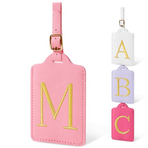 Personalized Initial Luggage Tags for Suitcases, Cute PU Leather Embroidered Letter Travel Luggage Tags, Suitcase Identifier Name Baggage Tag, Bag Tags for Men Women Kids Luggage Handbags(Pink M)