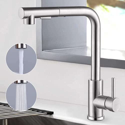 AMAZING FORCE Kitchen Sink Tap with Pull Out Spray, Kitchen Faucet Mixer with 2 Water Modes Stream and Spray, Single Handle Stainless Steel, 360° Swivel Kitchen Sink Mixer Tap (Brushed Nickel)