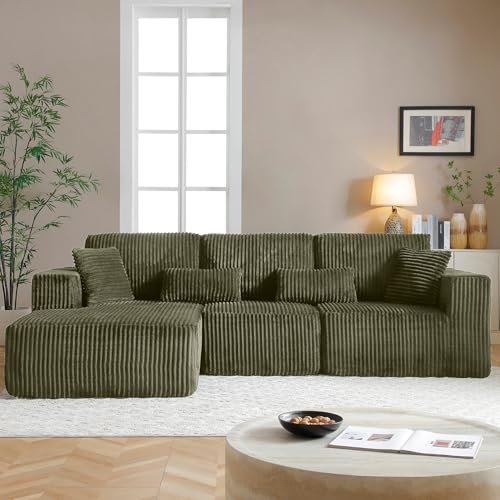 Image of 108 inch Boneless Cloud Sectional Couches for Living Room, Comfy Fluffy L Shaped Memory Foam Deep Seat Boneless Couch, Modular Sectional Sofa with Left Facing Chaise, Olive Green