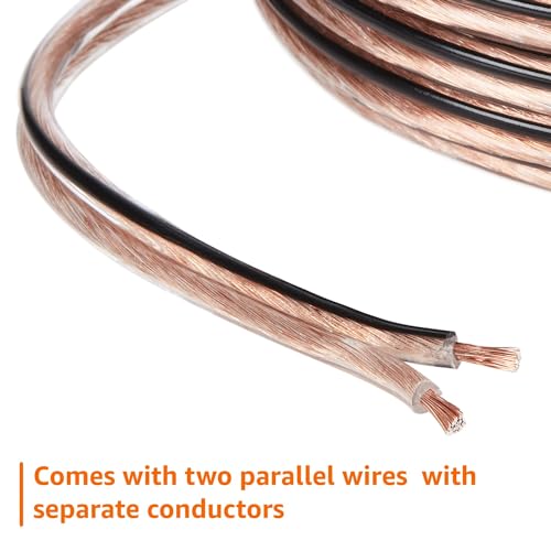 AmazonBasics 16-Gauge/AWG Speaker Wire, Oxygen-Free Copper, Two Conductors, Audio Speaker Cable for Car, Stereo, Subwoofer, Home Theatre, Hi-Fi Surround Sound (50 Feet, Copper, Transparent) 2 41qmtF5n0pL