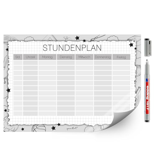 younikat Horario de horas en diseño blanco y negro con parte trasera autoadhesiva I DIN A4 I para comienzo del colegio I lavable I regrabable I dv1453