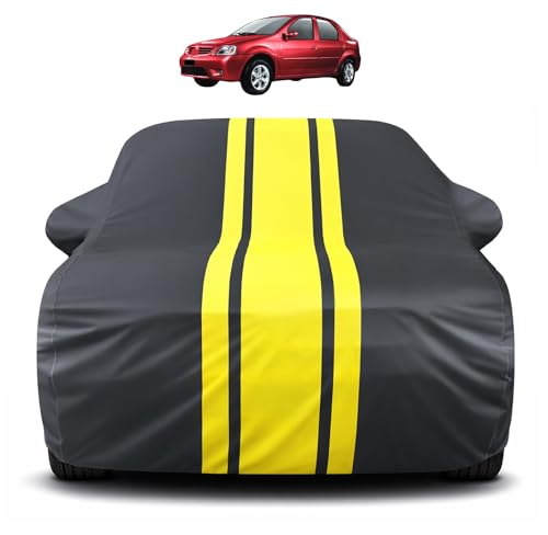 Image of Auto Hub Car Cover Compatible with Mahindra Logan with Mirror Pocket, Soft Cotton Lining, Logan Car Cover Waterproof - Yellow-Black