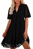BTFBM Womens Boho Summer Dresses 2025 Resort V Neck Short Sleeve Hollow Out Lace Ruffle Casual Beach Mini Vacation Dress(Black, X-Large)