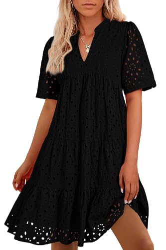 BTFBM Womens Boho Summer Dresses 2026 Spring V Neck Short Sleeve Hollow Out Lace Ruffle Casual Beach Mini Vacation Dress(Black, X-Large)