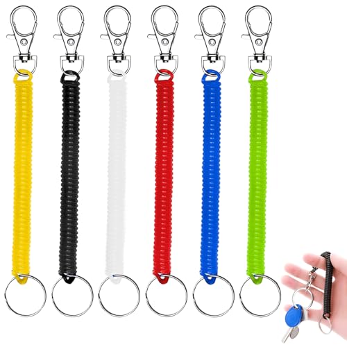 WOLMIK Llavero elástico en espiral – 6 llaveros de plástico colorido, llavero de resortes de 7 pulgadas, cordón de llavero de bobina de resorte antipérdida, llavero retráctil para el trabajo, escuela,