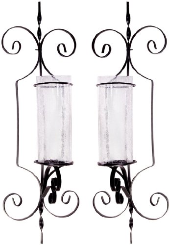 Set of 2 Large Black Hurricane Wall Sconces Candle Holders, 26-inch Metal & Glass Home Decor Swirl Design Candle Sconce