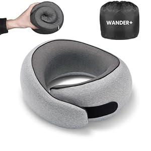 WANDER PLUS® Travel Pillow, 100% Pure Memory Foam Travel Neck Pillow Airplane Neck Support Ergonomic Design Best for Sleeping Plane Car Train Office Flight for Adults Grey