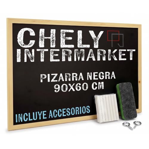 CHELY INTERMARKET Pizarra Negra 90X60 CM Pared Marco Madera Incluye Tizas Borrador Ganchos Tablero Tiza Infantil Escuela Oficina Mensajes Decoración Visual Clásica Horizontal Vertical Escritorio