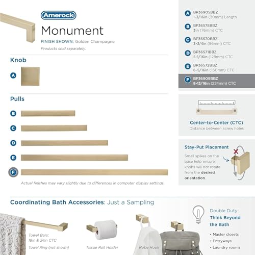 Image of Amerock | Cabinet Pull | Golden Champagne | 8-13 /16 inch (224 mm) Center to Center | Monument | 1 Pack | Drawer Pull | Drawer Handle | Cabinet Hardware