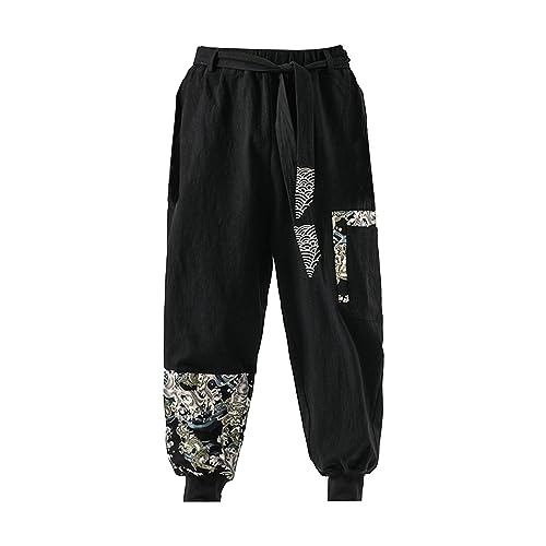 Men's Vintage Embroidered Harem Pants Cotton Linen Elastic Waist Drawstring Trousers Chinese Style Casual Pants