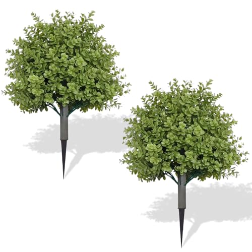 2 Set Artificial Boxwood Ball Trees with Ground Spike,60CM Faux Boxwood Plant Artificial Bushes for Indoor Outdoor Room Porch Garden Backyard Decor