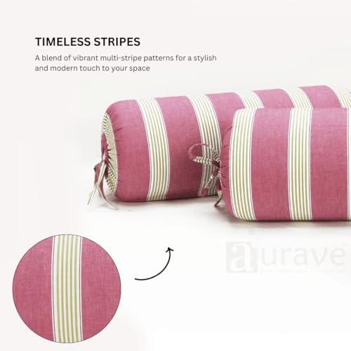 Image of AURAVE Cotton 144 TC Printed Bolster Cover with Drawstring Closure, Set of 2, Soft Breathable Durable Machine Washable for Sofa Bed & Home Decor, 15 inchx30 inch, Magenta & Green | Cover Only