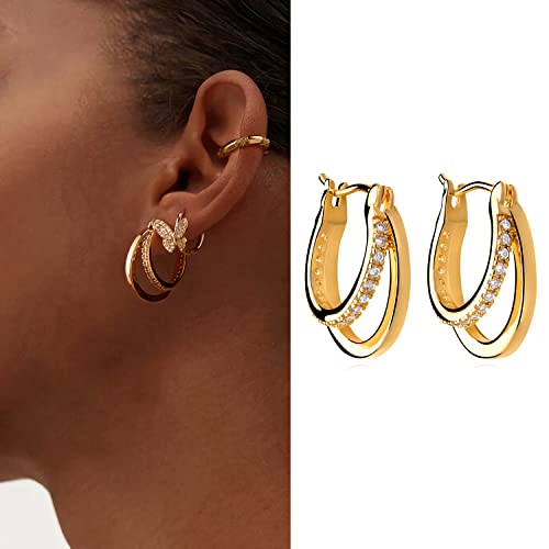 Myears Women Double Hoop Earrings Gold Diamond Cubic Zirconia 14K Gold Filled Small Simple Handmade Hypoallergenic Everyday Illusion Jewelry #TOP2