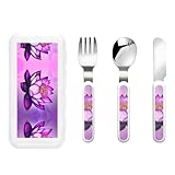 Purple Lotus - Juego de 3 cubiertos infantiles, cuchillo, tenedor y cuchara para niños, juego de protección de cubiertos para niños, cubiertos reutilizables portátiles para exteriores