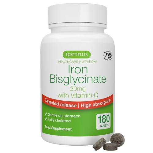 Igennus Bisglicinato de Hierro Quelado 20 mg con Vitamina C, 180 Comprimidos, Suministro para 6 Meses, Fórmula Limpia, Suave y de Liberación Controlada, uno al día, para Hombres y Mujeres, Vegano