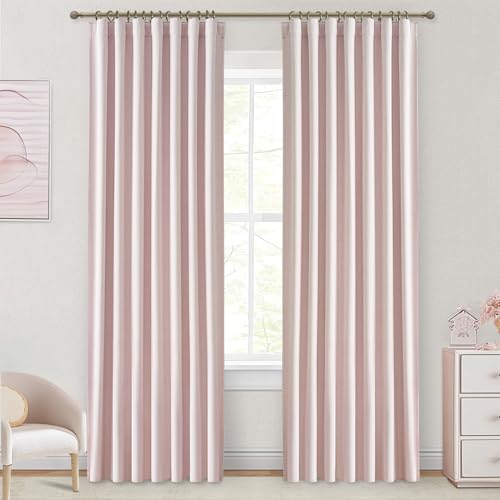 Image of QJmydeco Baby Pink Nursery Blackout Curtains, Kawaii Curtains for Girls Room/Bedroom Linen 50 by 90 Inches Long 2 Panels Set Heavy Thermal Drapes Noise Cancelling Back Tab/Rod Pocket/Hooks Pale Pink