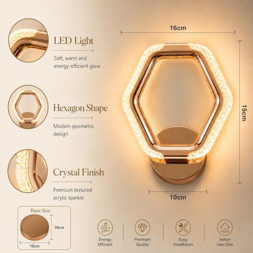 Image of fizzytech Crystal LED Wall Light, Modern Gold Finish Decorative Wall Lamp with 3 Colour Changing Modes for Living Room, Bedroom, Hallway & Home Decor (Hexagon, Pack of 1)