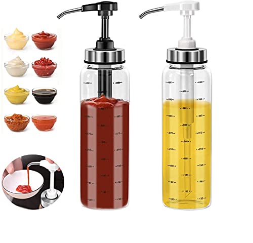 Sauce Squeeze Bottle Set No Drip Glass 17 Oz Big Olive Oil Dispenser Ketchup & Dressing Bottle Sticky Sauce Squeezer for Kitchen & BBQ (2 Pack)