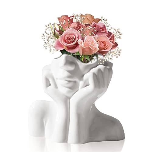 Mitening Vase visage en céramique blanche - Vase à fleurs moderne pour arrangement floral sec, décoration de chambre à coucher